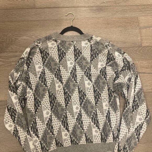 VTG Grandpa Sweater Cardigan Made in Italy Size Large Black White Gray Geometric - Picture 13 of 13